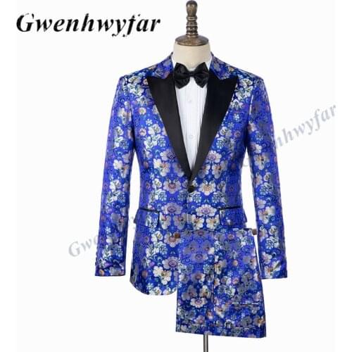 Gwenhwyfar 2021Royal Blue Costume Homme Peak Black Lapel Jacquard Dinner Party Groom Wear Men Wedding Suits For Men Prom Tuxedo