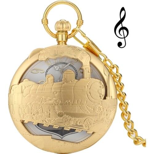 Steampunk Musical Pocket Watch Golden Hollow Out Train Design Swan Lake Playing Music Locomotive Quartz Watches Pendant Chain