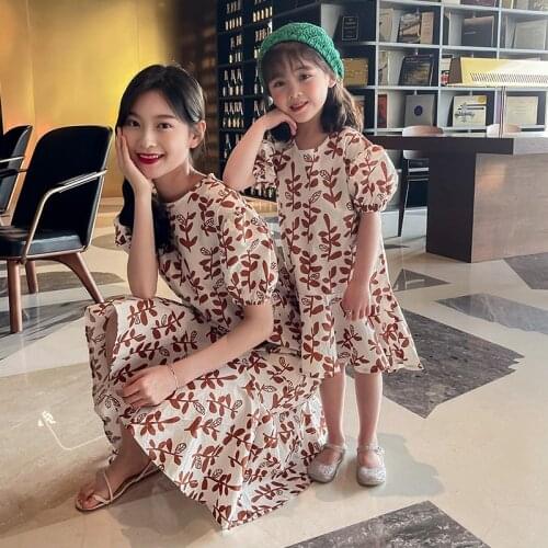Mother Daughter Family Matching Outfits Clothes Print Leaf Parent-child Dress Baby Girls Mom Romper Fashion Summer Women Kids