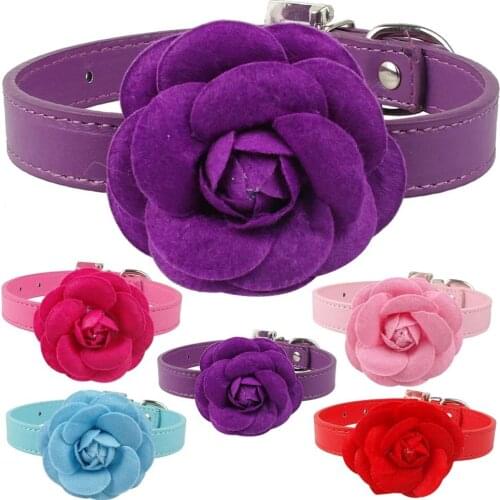 PU Leather Cat Pet Collars Cute Necklace With Flower For Small Kitten Pink Red Purple Blue Rose Neck For 8-18"