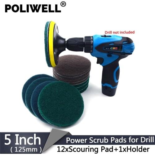 POLIWELL Power Scrub Pads Drill Attachment 12 PCS Scouring Pad with 6.35mm Shank M10 Backing Pad Cleaning Kit for Bathroom,Auto