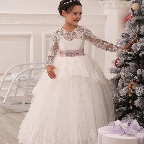 HOt Lace First Holy Communion Dresses Ball Gown Long Sleeves Solid O-Neck Ankle Length Bow Sash Vestidos Primera Comunion 2016