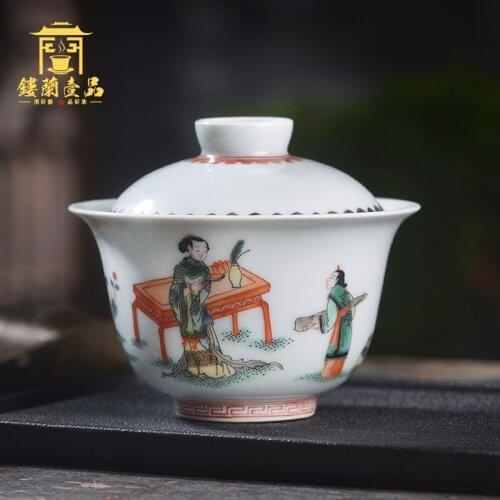 Hand painted ancient color Sanniang Godson Liangcai Sancai cover bowl large tea bowl with cover single tea ware