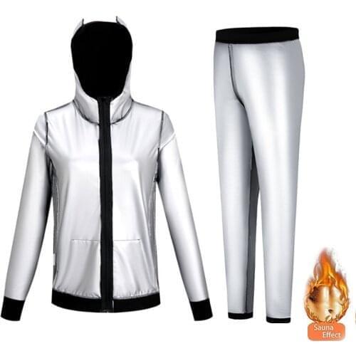 Hot Silver Ion Coating Sauna Sweat Suits Women Weight Loss Fitness Gym Exercise Hooded Jacket Pants Full Body Suits Tracksuit