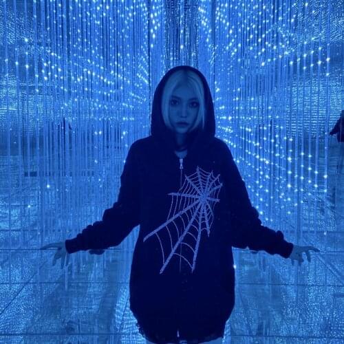 Women and men Gothic rhinestone spider web hot rhinestone zipper hoodie couple trend Harajuku punk oversized clothing Sweatshirt