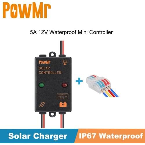 PowMr 5A 12V IP67 Waterproof Solar Charger and Discharge Controller Load Working for 24 Hours with Max Solar Input 22V Regulator