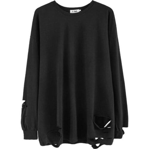 Woman Ladies T-shirt Autumn High Street Hip-Hop Tops Harajuku Hole Design Streetwear Loose Pullover Long Sleeve Casual Retro