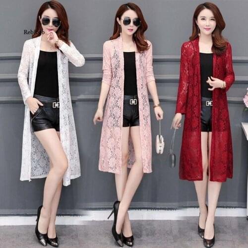 Plus Size Spring Summer Lace Cardigan Women Long Sunscreen Jacket Casual Pink Black Red White Long-sleeve Thin Coat