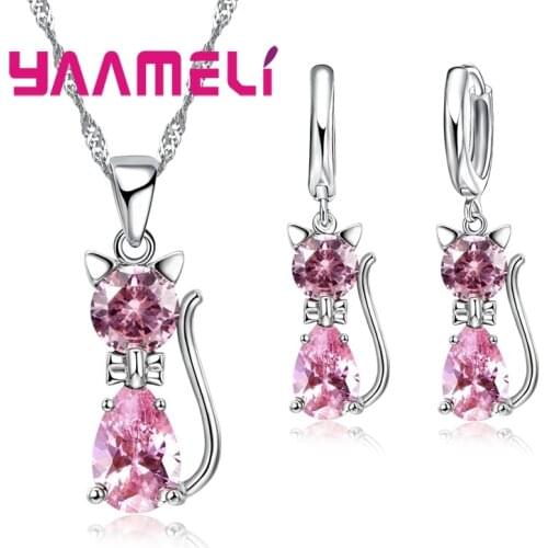 Cute Cat Pendant Necklaces Hoop Earrings Jewelry Set For Women Girls Party Accessories Cubic Zircon Bridal 7 Colors