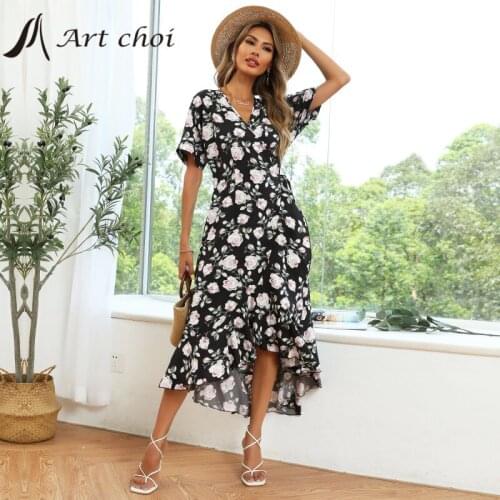 2021 Elegant Women Maxi Floral Chiffon Dress Summer V Neck Irregular Ruffle Office Ladies Bodycon Party Dresses Wrapover Vestido