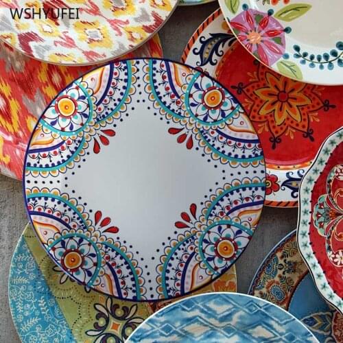 1Pcs Creative painted flowers round ceramic plate Western steak salad dessert cake sushi home kitchen storage decorative plate