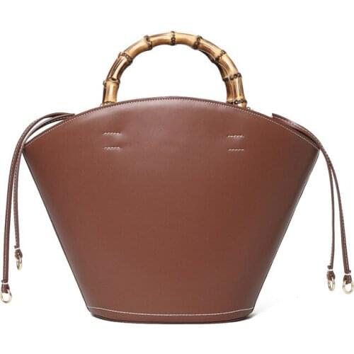 2021 New Leather Large Bucket Bag Retro Female Bamboo Handle Handbag Lady Bag Purses and Handbags Luxury Designer