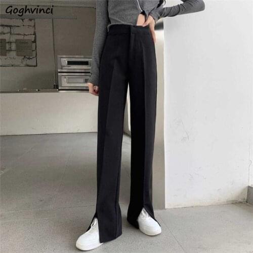 Casual Pants Women Solid Trendy Simple Chic Loose Leisure High Waist Slit Elegant Streetwear All-match Korean Style Office Lady