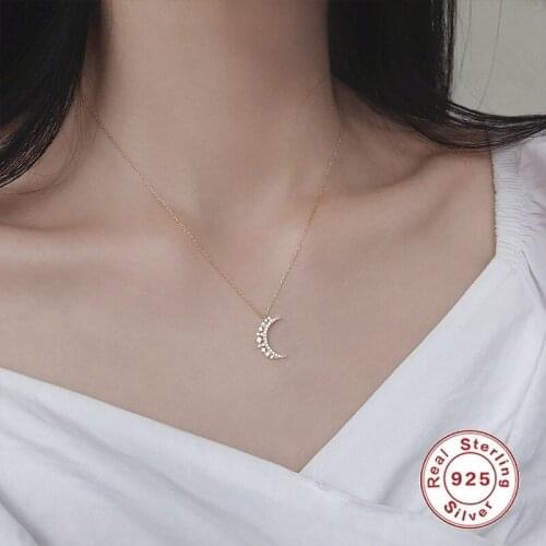 CCFJOYAS 925 Sterling Silver Mini Cute Moon Pendant Necklace Women Simple 14k Gold Plating Clavicle Chain Temperament Jewelry