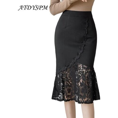 Sexy Lace Patchwork Skirts For Women Elegant Mid-Length Office Skirt Plus Size S-4XL 5XL Black Red High Waist Stretch Skirts