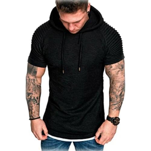 Mens Pleated sleeve T Shirt 2019 Summer Slim Fitness Hooded Short-Sleeved Tees Male Masculina Sportswer T-Shirt Slim Tshirt