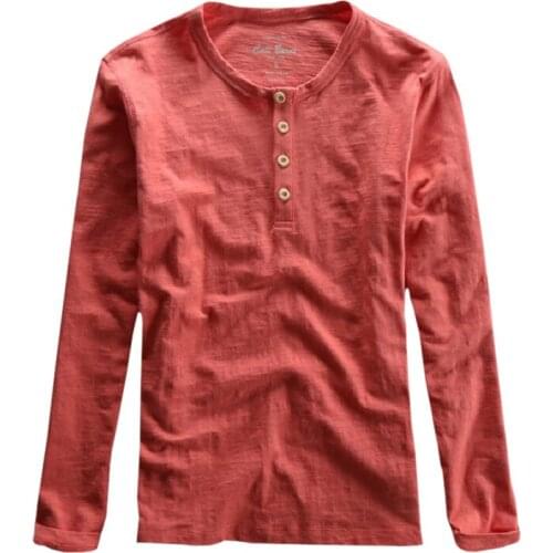 Retro T Shirt Men Long Sleeve Casual Red Tees Basic 100% Cotton Spring Summer New Tops O-Neck Solid Color Male Clothing 2021