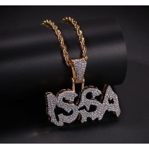 Hip Hop Micro Pave Green AAA Cubic Zirconia Bling Ice Out ISSA Letter Pendants Necklace for Men Rapper Jewelry Gold Color