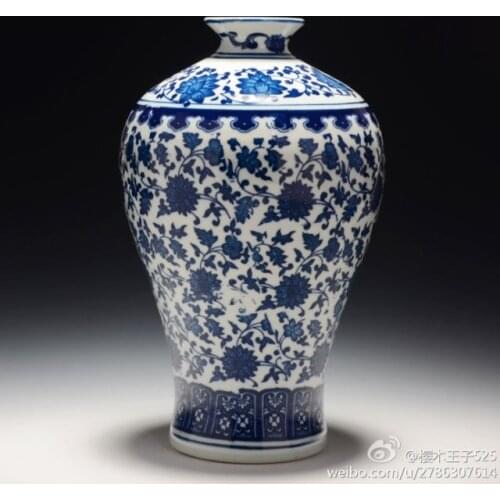 Exquisito Jarrón chino de porcelana azul y blanco, jarrón decorativo para el hogar con marca Qianlong