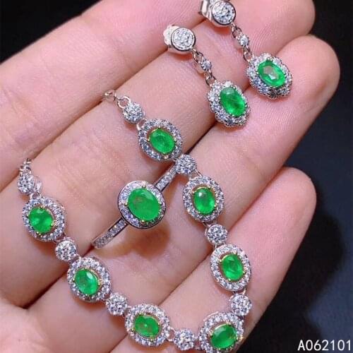 KJJEAXCMY fine Jewelry 925 sterling silver inlaid natural Emerald fashion ring earring bracelet set support test Chinese style