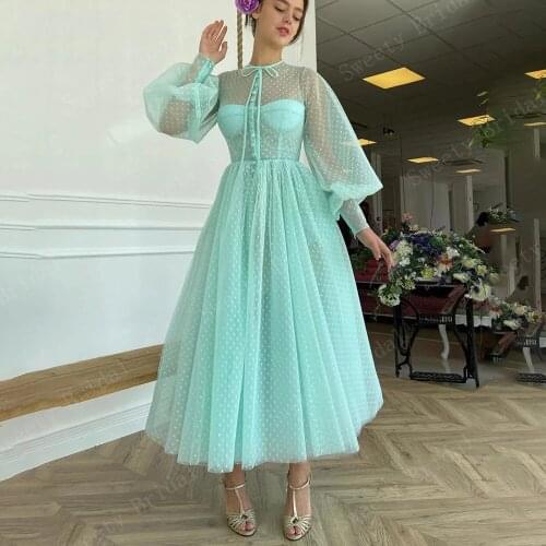 Aqua Dotted Tulle Short Prom Dresses O-Neck Long Puff Sleeves Illusion A-Line Party Dresses Buttoned Top Tea-Length Prom Gowns