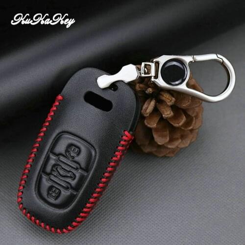 Leather Car Key Cover Protect Shell With Stainless Metal Key Ring Key Holder for AUDI a3 q7 8p a6 c5 q5 Car Interior Accessories
