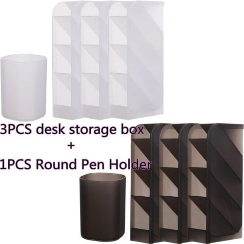 3PCS 4-Grid Desktop Organizer Storage Box Caddy + 1PCS Round Pen Holder for Stationery Makeup Tools Home Office School Supplies