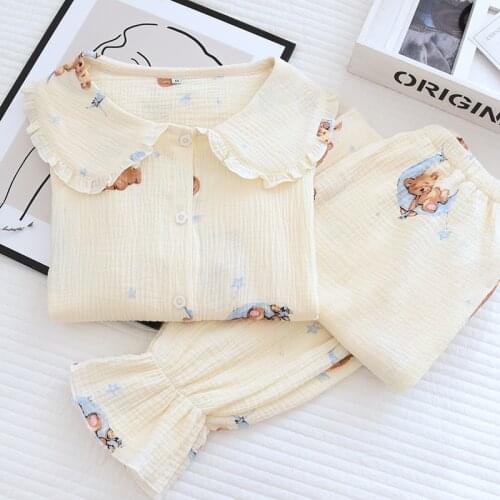 2021 NEW long sleeve homewear ladies pajamas suit cotton gauze doll collar fresh plus size suit home service pajamas for women