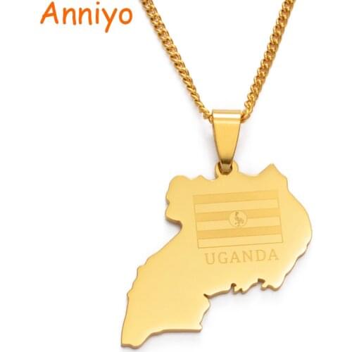 Anniyo Stainless Steel Uganda Map Pendant and Chain Necklaces for Women Men Gold Color Maps Jewelry Gifts #119521