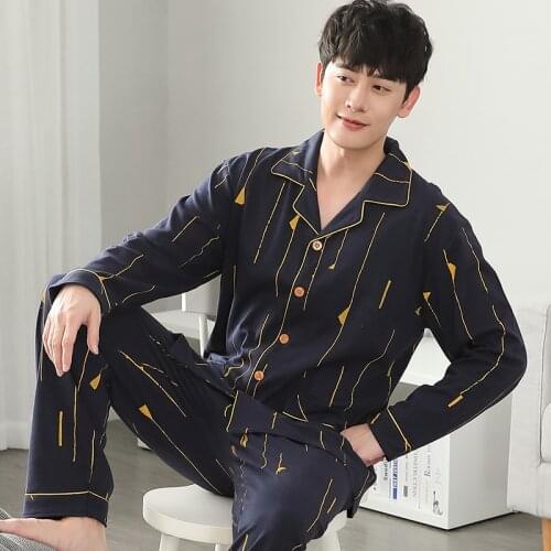 Autumn Winter Cotton Men Pajamas Set Long Sleeve Turn-down Collar Casual Soft Mens Sleepwear Plus Size 4XL Male Homewear Clothes