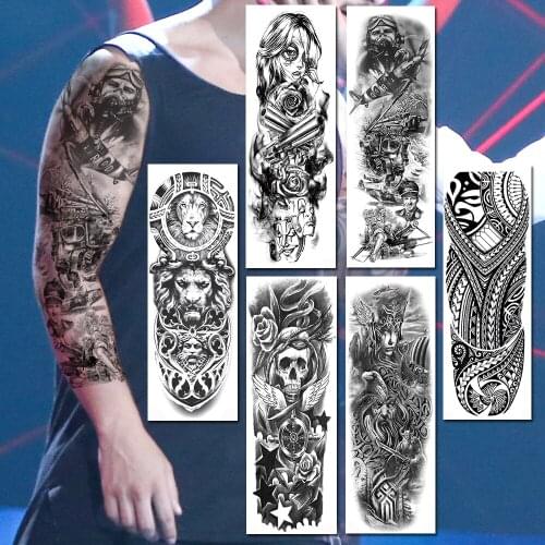 Full Arm Large Tatoos Sticker For Women Men Realistic Fake Black Soldier Mask Gangster Skull Totem Lion Sleeve Temporary Tattoos