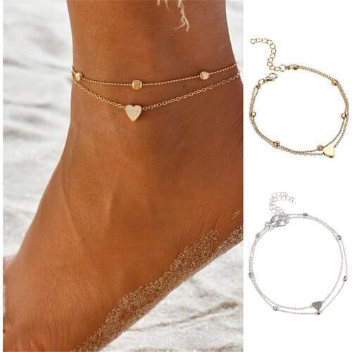 Simple Vintage Bracelet Stainless Steel Anklets Love Heart Charm Ankle Bracelet for Women Foot Circle Chain Jewelry Beach Summer