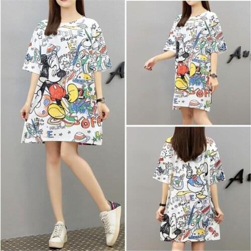 Disney Mickey Mouse Cartoon Ice Silk Shirt Summer Loose Tops Harajuku O-neck Mid-length T-shirt Oversized Women Tee Shirt Femme