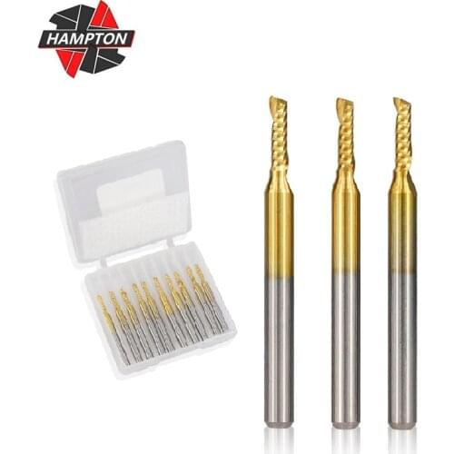 10pcs/set 3.175mm Shank Sprial Milling Cutter Single Flute Carbide End Mill TiN Coating CNC Router Bit Single Flute End Mill