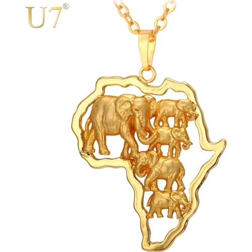 U7 Gold Color Africa Elephant Necklace For Men/Women Fashion African Map Pendant & Chain Hiphop Animal Jewelry Party P773