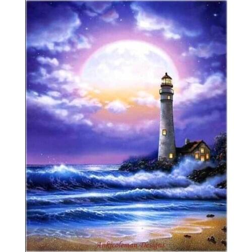 Embroidery Counted Cross Stitch Kits Needlework - Crafts 14 ct DMC color DIY Arts Handmade Decor - Lighthouse and large moon