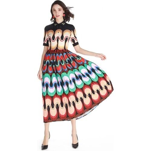 High Quality 2019 Spring Summer Womens Dress New Amazing Casual Print Applique Doll Collar Pleated Big Penny Ladies Beach Dress