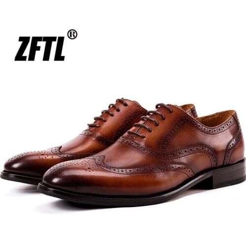 ZFTL Mens dress Business shoes Genuine cow leather Oxford shoes man Brogue shoes Carved retro Bullock Black Brown male formal