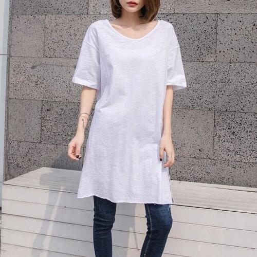 Cotton 100% Long White Women T-Shirts Summer New 2021 O-Neck Short-Sleeved Slim Straight Vintage Female Pulls Tops Tees