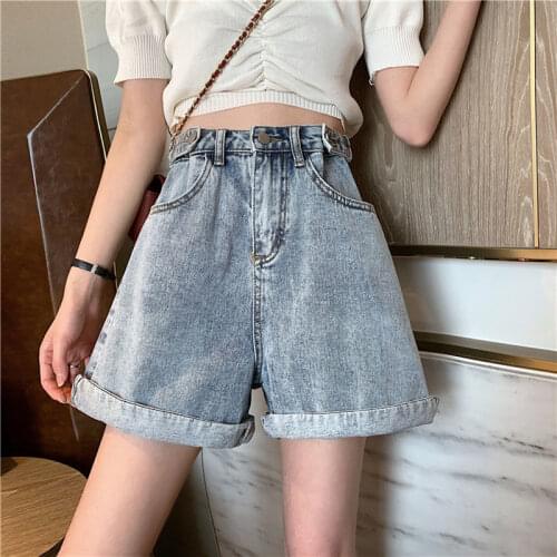 2021 Summer Korean Fashion Women High Waist Button Wigh Leg Jeans Shorts Casual Female Loose Fit Elastic Solid Denim Shorts Z09