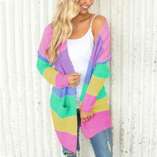 Autumn Sweater Women Long Sleeve Patchwork Knitted Open Front Rainbow Striped Cardigan Women Coat Sueter Mujer Invierno 2021