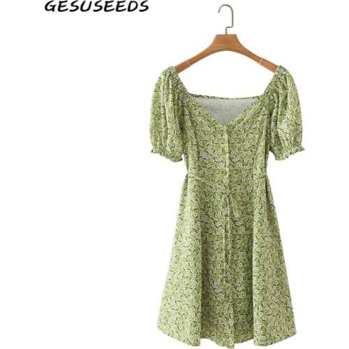2021 Summer dress women kawaii floral dresses vintage puff sleeve mini dress green square neck dress sashes button up vestidos