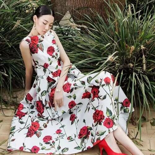 IVY HE High Quality Summer Dress Woman Clothing Elegant Beautiful Rose Print Midi Long Dress Traf Robe ZA Vintage Party Dresses