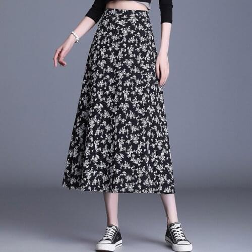 2021 Summer Elastic High Waist Plus Size Floral Long Skirt Women Vintage Elegant Loose Casual Korean A-line Print Skirts 2115