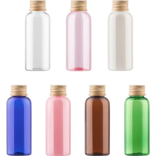 48pcs 50ml Aluminum Cap Screw Top Cover Round Clear Brown Bottles Containers Refillable PET Plastic Empty Bottle for Skin Care