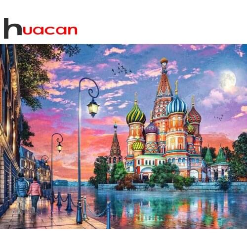 Huacan5D Diamond Painting Cross Stitch Church City Full Diamond Embroidery Mosaic Landscape Rhinestone Pictures Home Decor