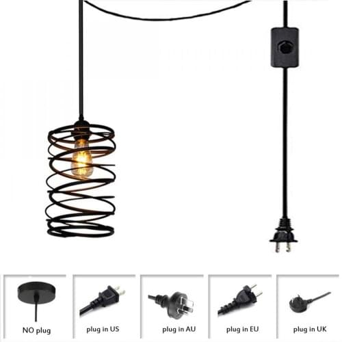 Black Industrial Metal Plug In Pendant Light, Ceiling Light with Iron Spiral Cage, Hanging Lighting Fixture for Kitchen Island