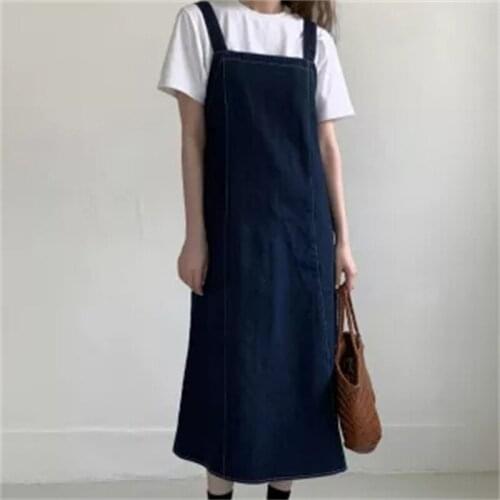 Alien Kitty 2021 Preppy Style Blue Casual Denim Chic New Stylish Femme Loose Straight Cowboy Overalls Long Dresses Vestidos