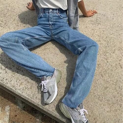 High Waist Retro Denim Trousers Women Spring Raw Edge Floor Length BF Wide Leg Pant XS-L Solid Color Korean Fashion Jeans Female