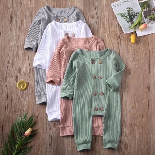 0-24M New Infant Baby Girls Boys Solid Romper Cotton Kids Girl Long Sleeve Ribbed Knitted Jumpsuit Button Spring Autumn Overalls